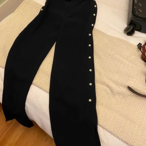 Zara Navy High Waist Pearl Button Slit Pants - Picture 7 of 7